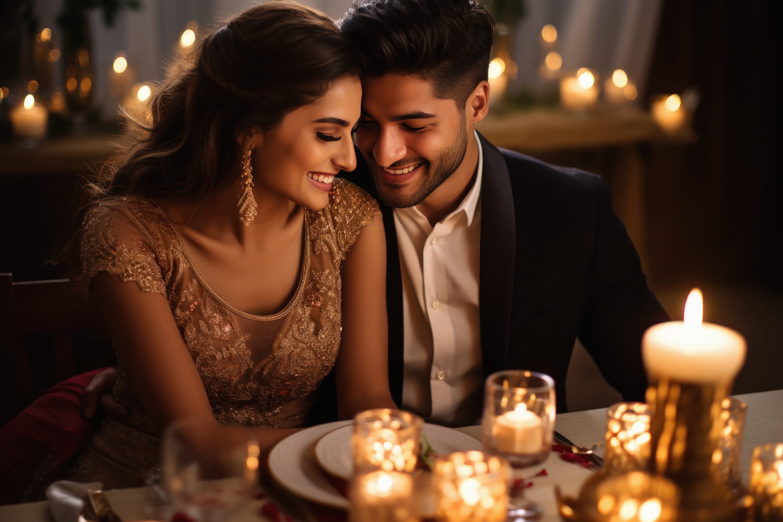 Beautiful indian couple is spending time together in restaurant.